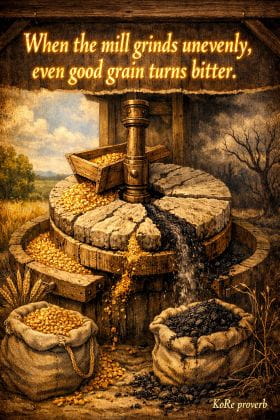 KoRe proverb: When the mill grinds unevenly, even good grain turns bitter.