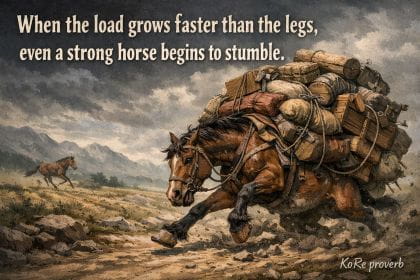 KoRe proverb: When the load grows faster than the legs, even a strong horse begins to stumble.