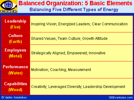 Balanced Organization: 5 Basic Elements - Leadership, Culture, Employees, Performance, Capabilities