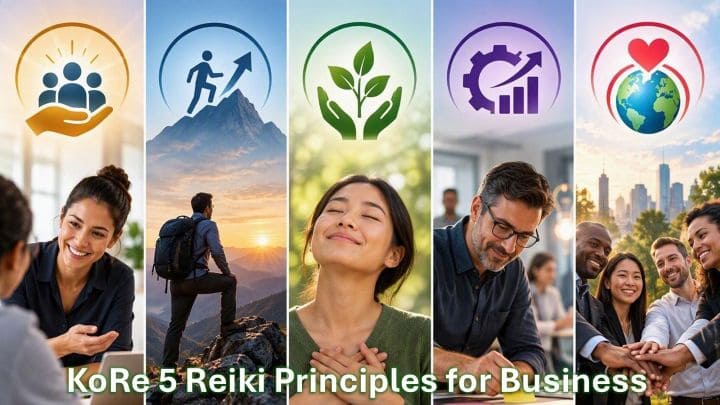 KoRe 5 Reiki Principles for Business - Today and always, love to create value, embrace challenges, be grateful for growth, pursue excellence, lead with love