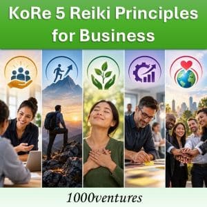 KoRe 5 Reiki Principles for Business - Today and always, love to create value, embrace challenges, be grateful for growth, pursue excellence, lead with love