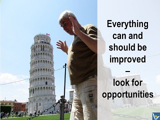 Kaizen quotes, Vadim Kotelnikov - continuous improvement mindset, Pisa tower, photogram